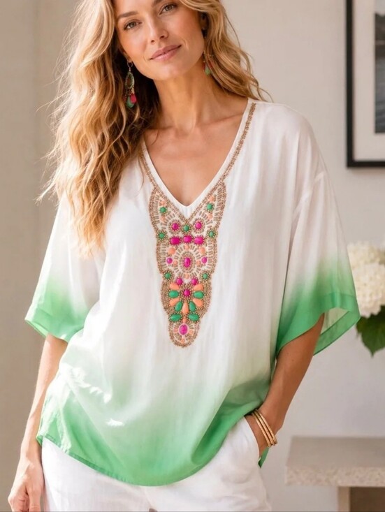 Chico's Tops - NWT! Chico's Embellished Ombre Kurta Tunic with Multicolor Beaded V-Neck's Top